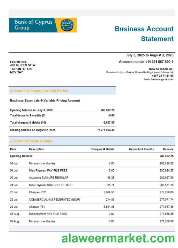 Bank of Cypriot firm account statement Word and PDF format